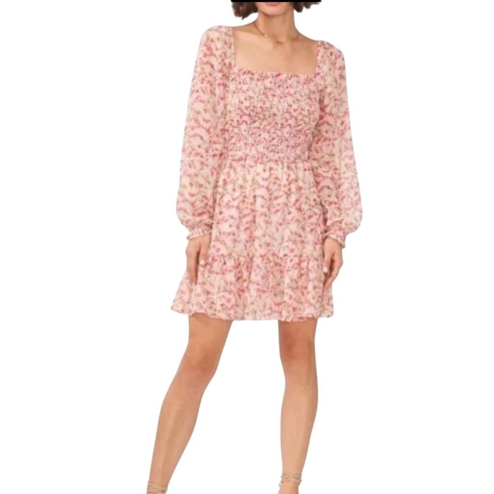 1. STATE Smocked Square Neck Long Sleeve Dress Pink Flower Women’s Size XXL NWT